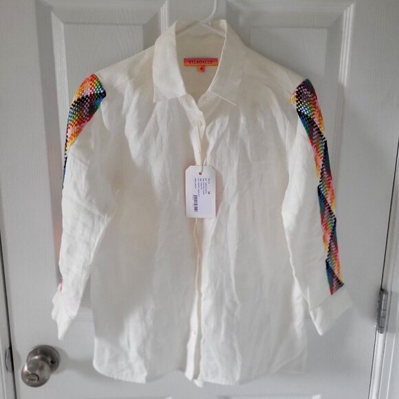 Vilagallo White Sara Linen 3/4 Sleeve Shirt W Multicolor Embroidered Sleeves S - Picture 2 of 7